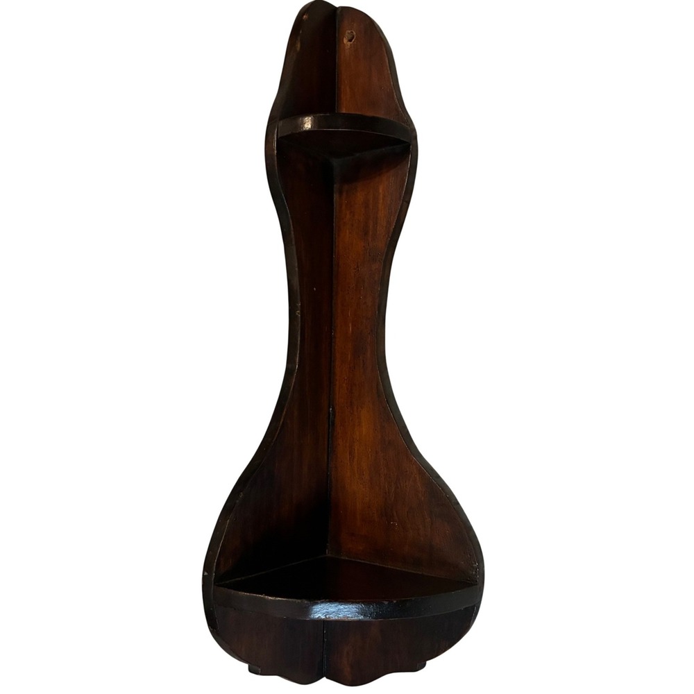 Vintage Dark Walnut Solid Wood 2 Tier Corner Wall Shelf Scalloped Hourglass 19in